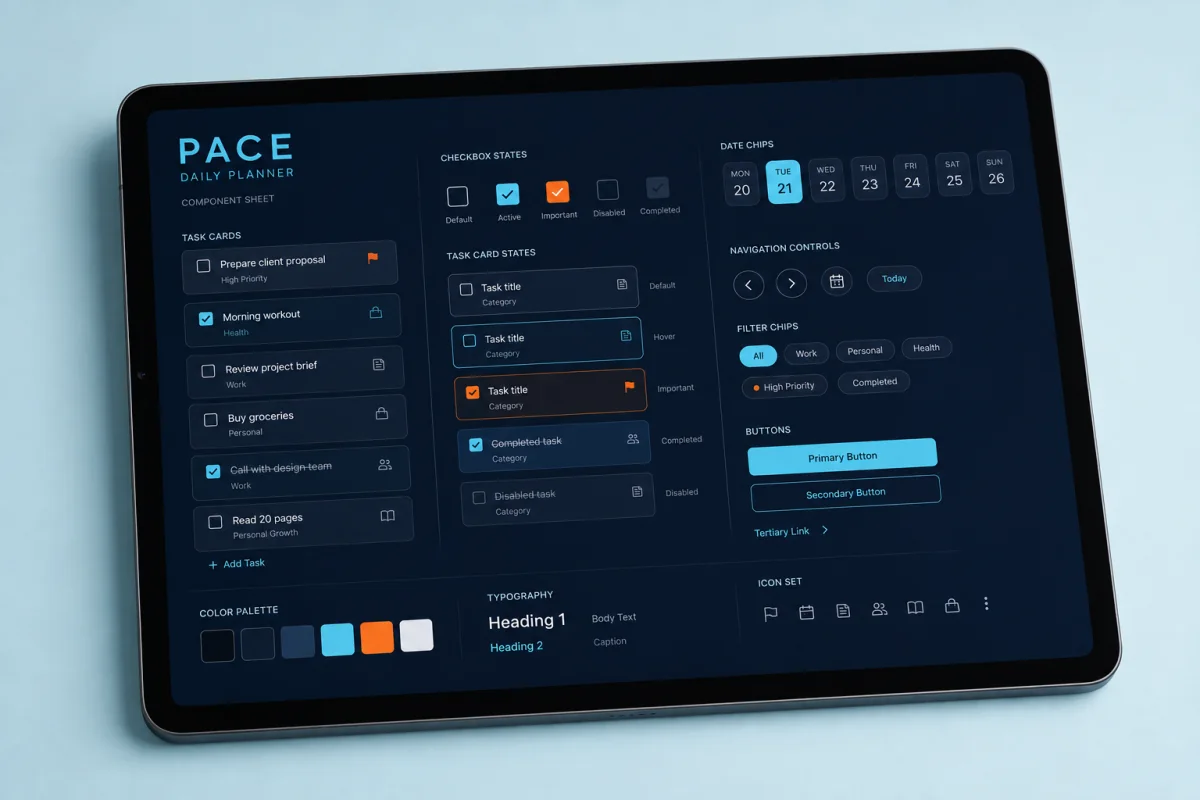 PACE planner component library with task cards, date chips and navigation states.
