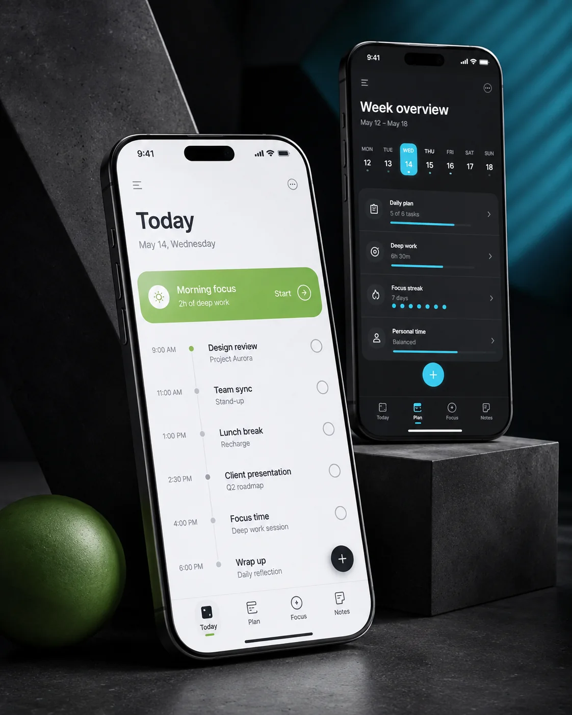 A daily planner interface concept on sculptural smartphone displays.