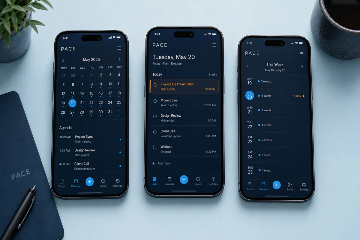 Three PACE planner screens showing calendar, daily tasks and a weekly overview.