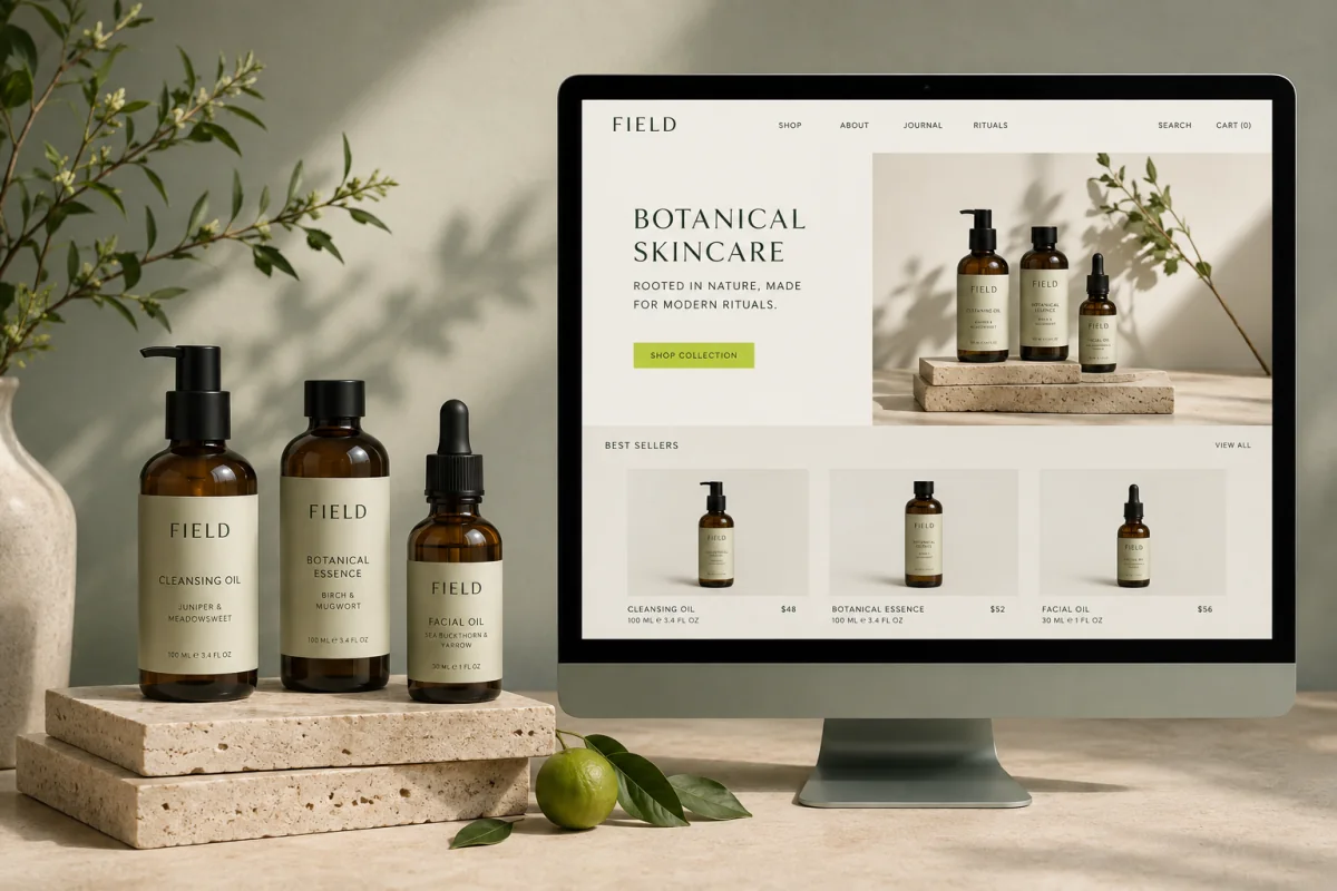 FIELD amber skincare bottles and a coordinated cream and sage ecommerce website.