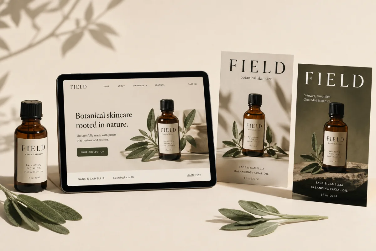 FIELD skincare product with a matching landing page and campaign cards.