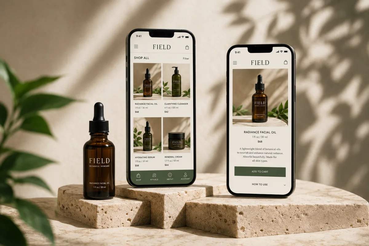 FIELD skincare browsing and product detail interfaces on two smartphones.