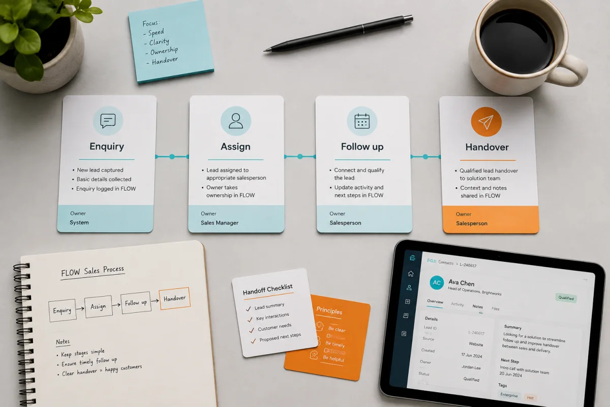 A physical enquiry-to-handover workflow map alongside a contact-record interface.
