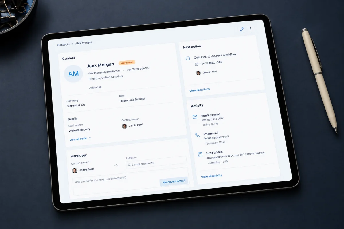 FLOW contact record interface with activity, handover and next-action sections.