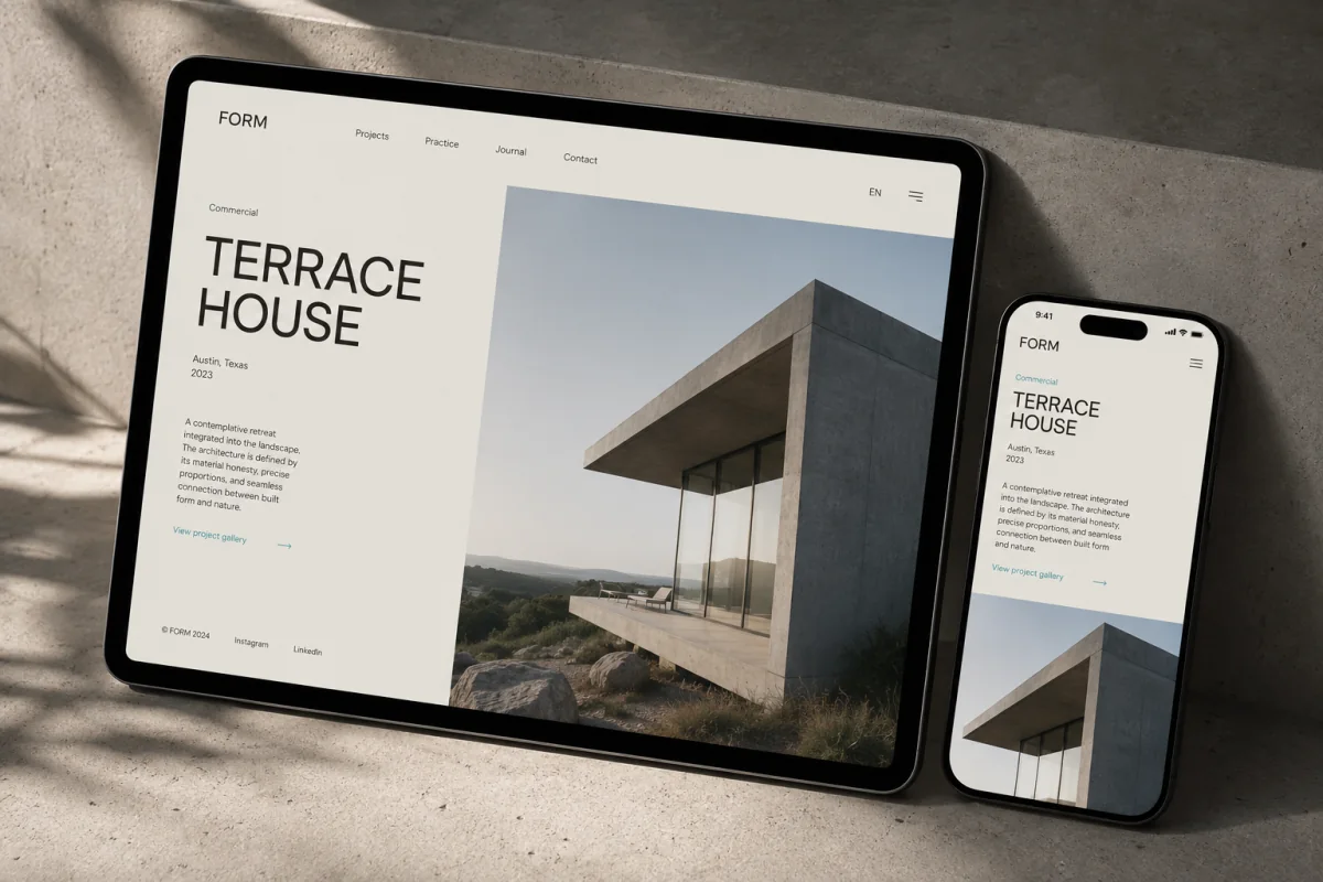 FORM architecture project detail pages shown on a tablet and smartphone.