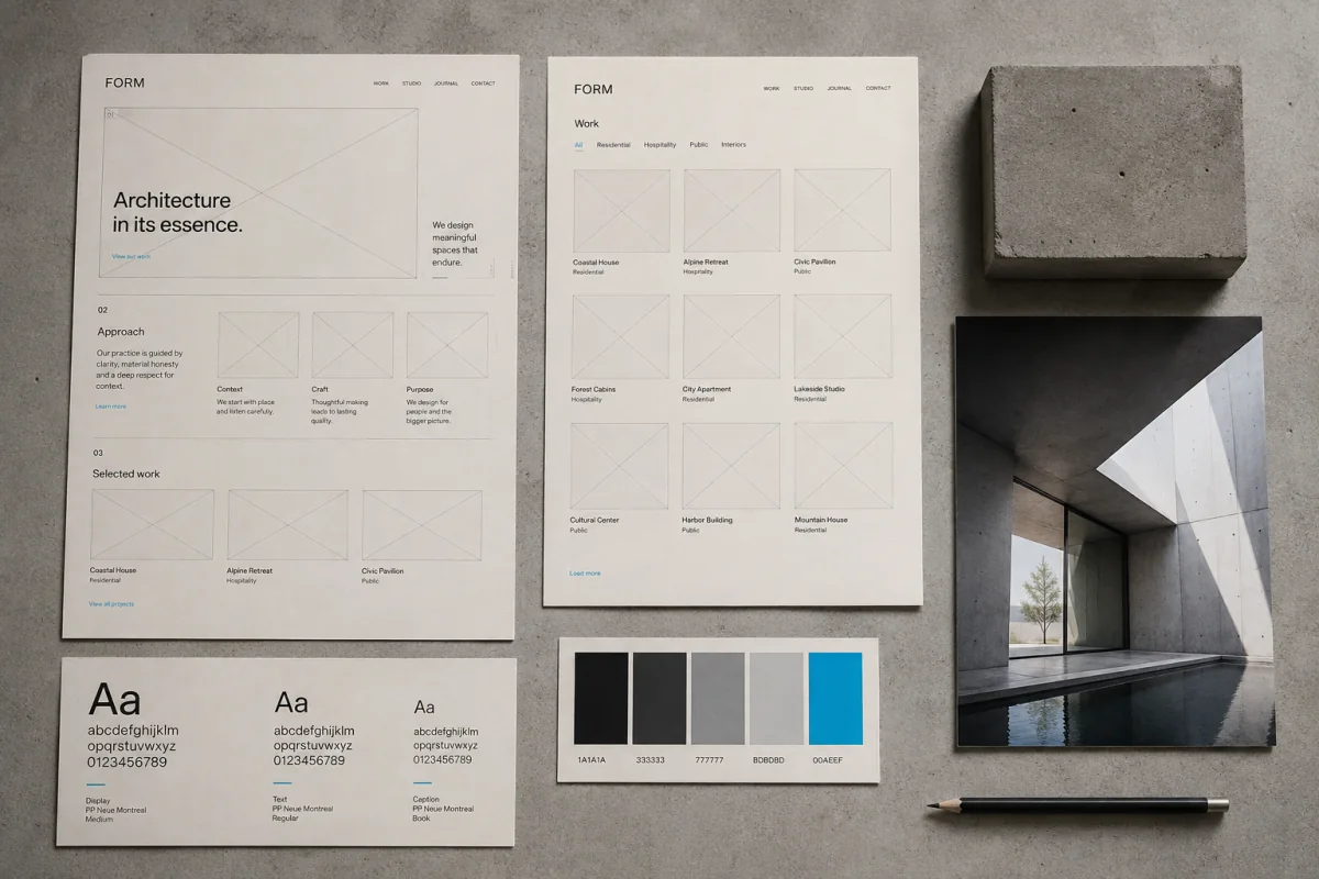 FORM website wireframes and typography studies arranged beside architectural material samples.