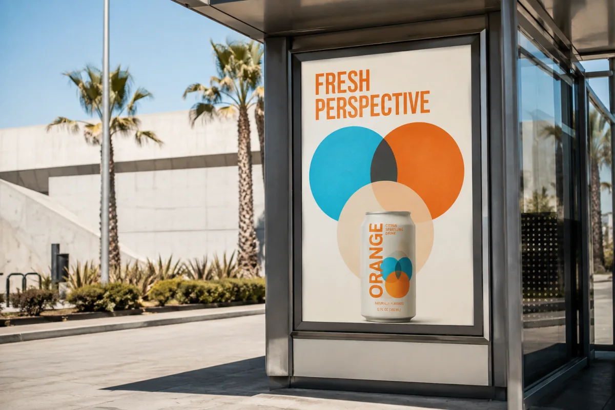 ORANGE packaging identity on a cyan and orange outdoor campaign poster.