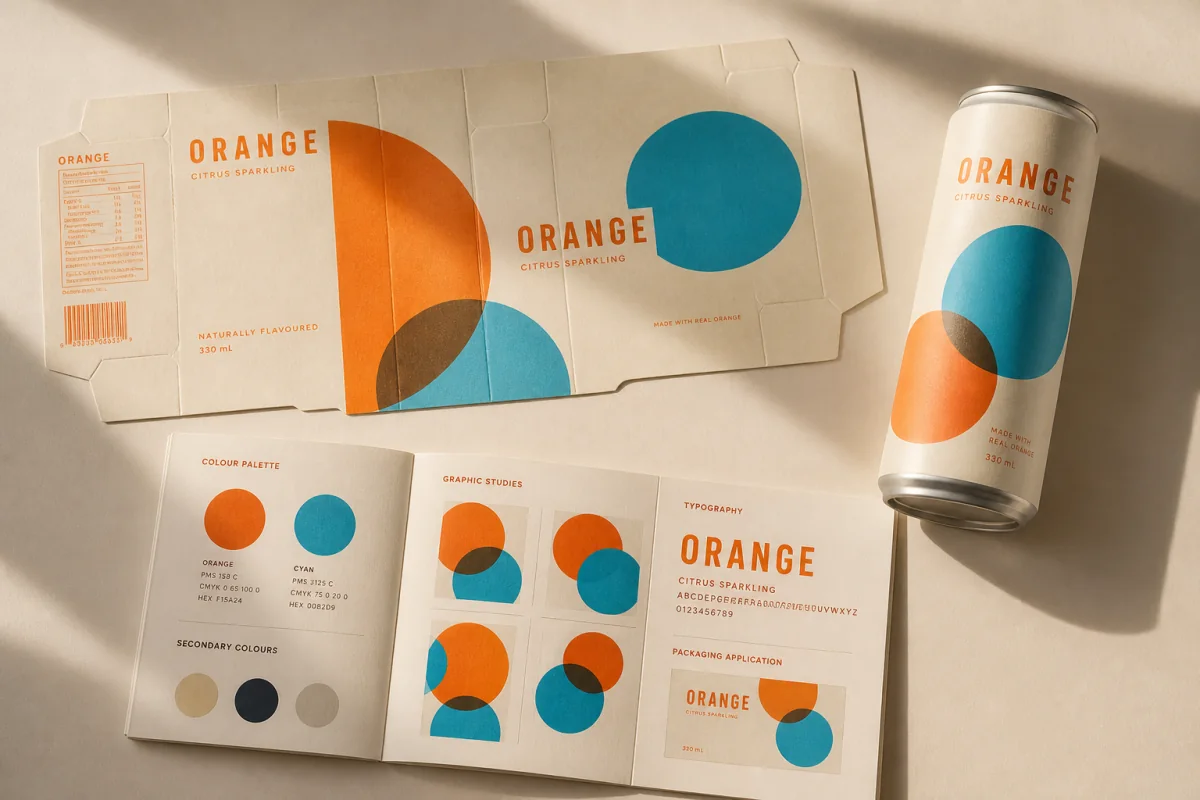 ORANGE packaging layout and brand guide with colour swatches, type and circular graphics.