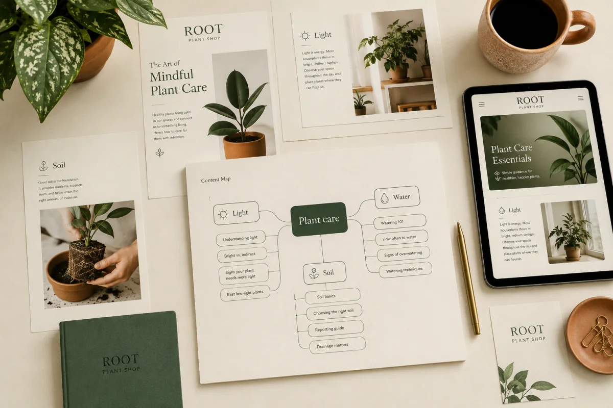 Plant-care article layouts and a topic map for light, water and soil.