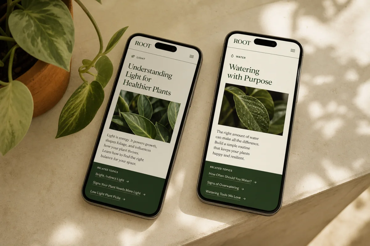 ROOT plant-care articles shown on two smartphones beside a terracotta plant.